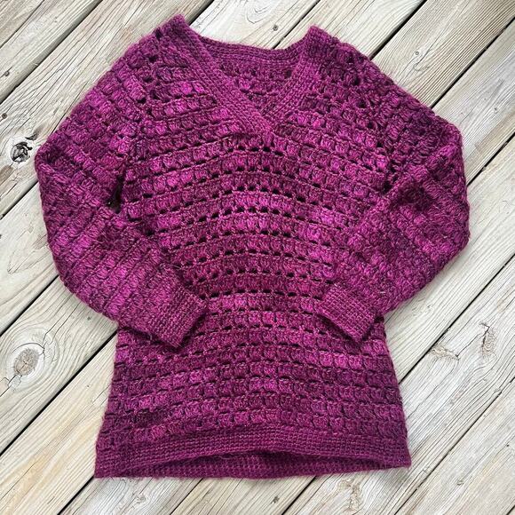 Women's Open Knit Wool Blend Handmade Purple Pullover Sweater Size M - Picture 1 of 6